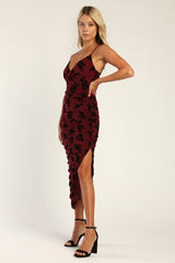 Eloquent Essence Burgundy Burnout Velvet Floral Midi Dress