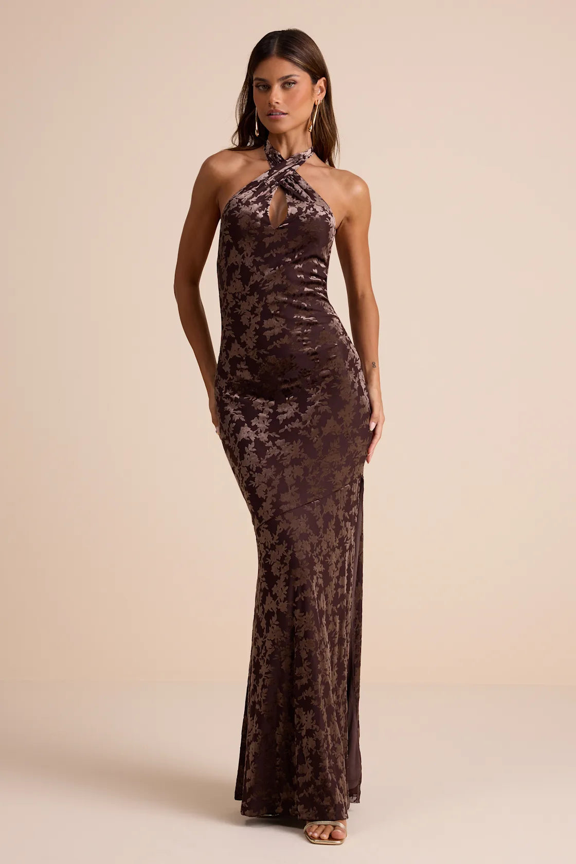 Sharon Brown Velvet Burnout Halter Maxi Dress