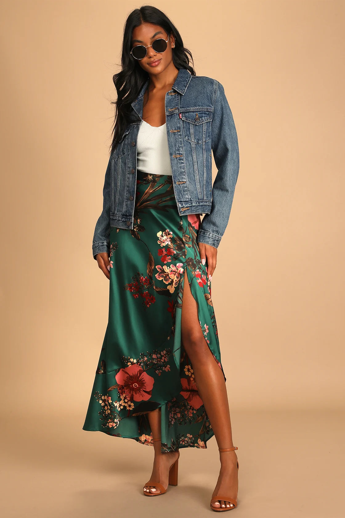 Superbly Stunning Navy Floral Print Satin Maxi Skirt
