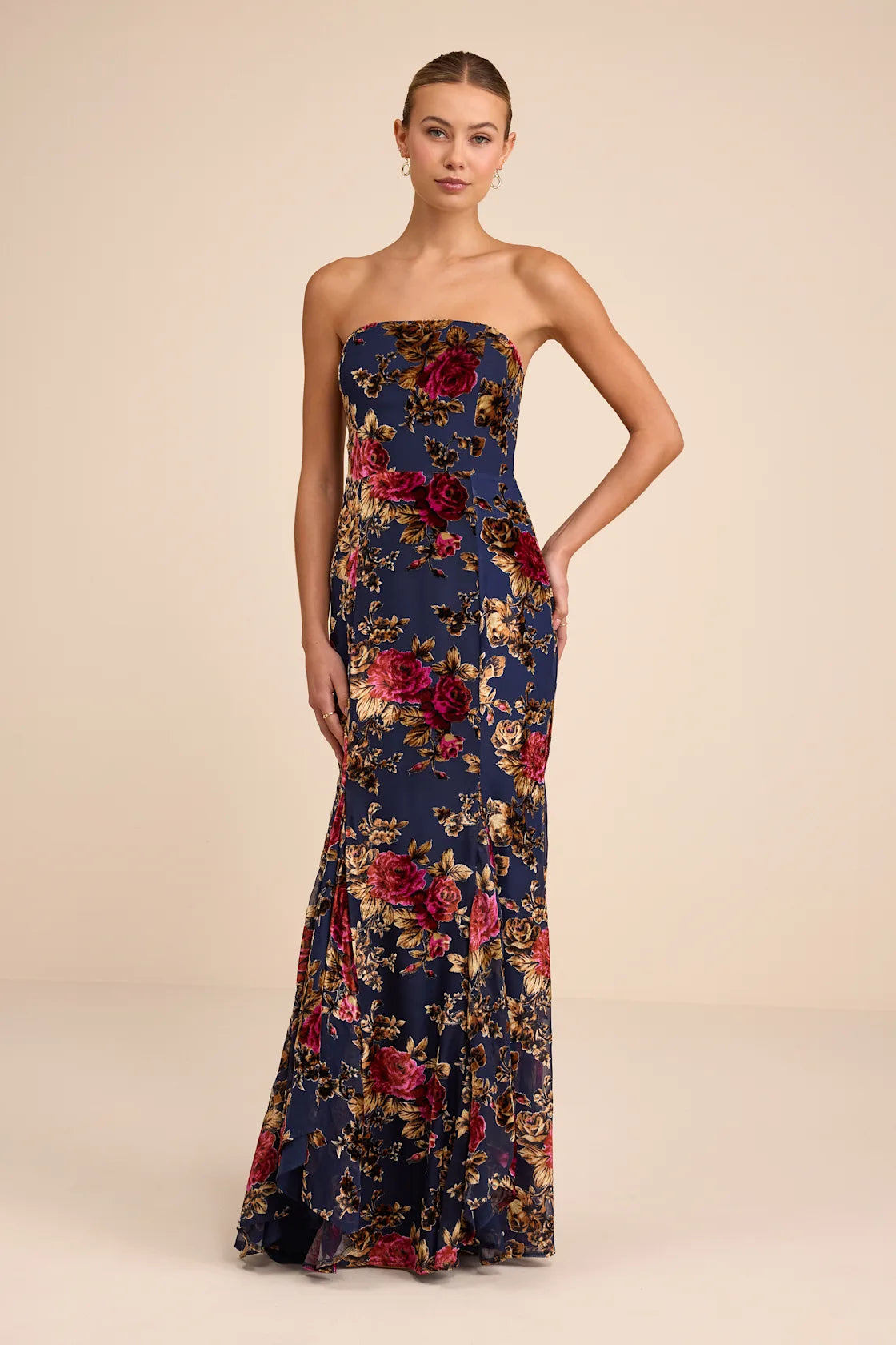 Anoah Navy Floral Velvet Burnout Strapless Maxi Dress