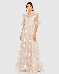 Pink Queen Anne Puff Sleeve A-Line Gown