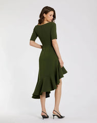 Green Crepe 3/4 Sleeve Asymmetrical Hem Dress