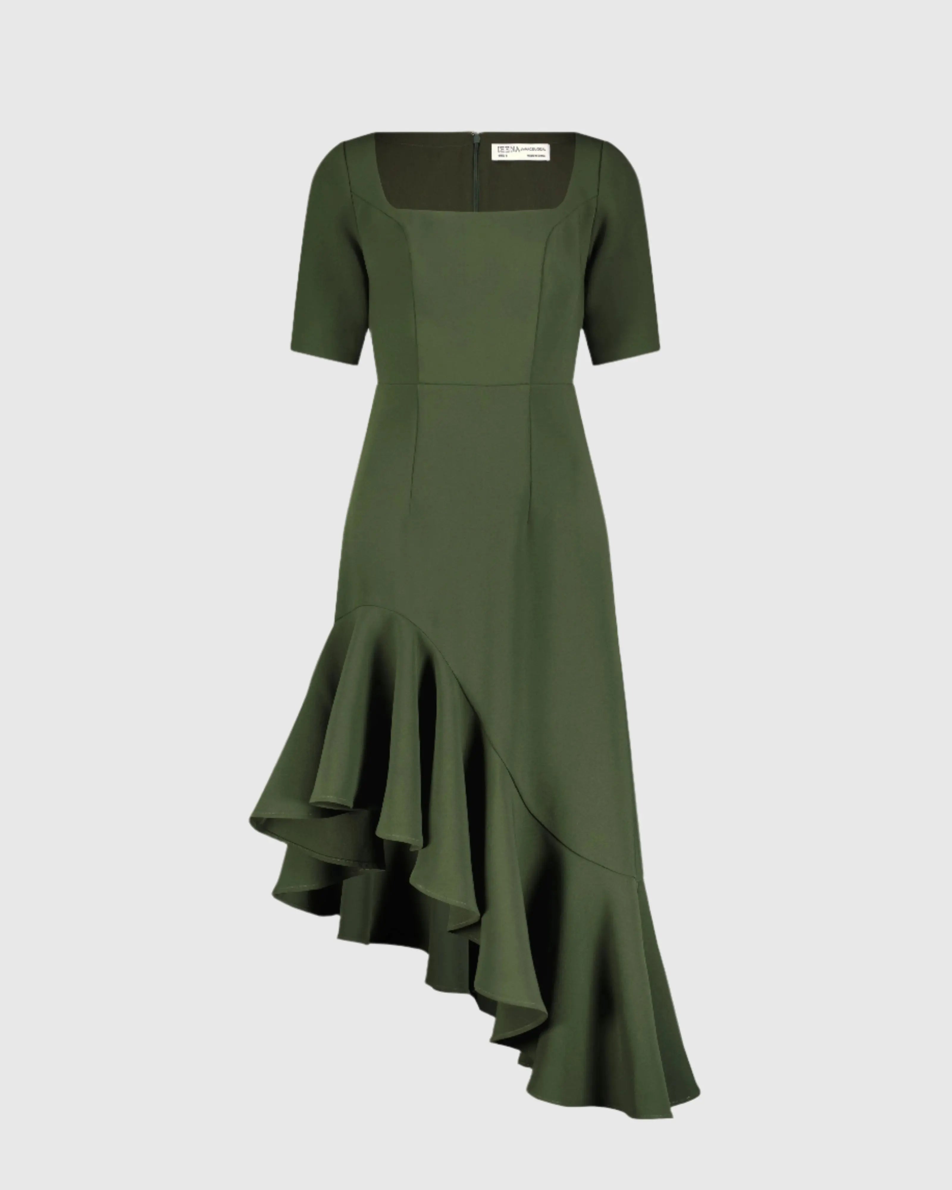 Green Crepe 3/4 Sleeve Asymmetrical Hem Dress