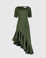 Green Crepe 3/4 Sleeve Asymmetrical Hem Dress
