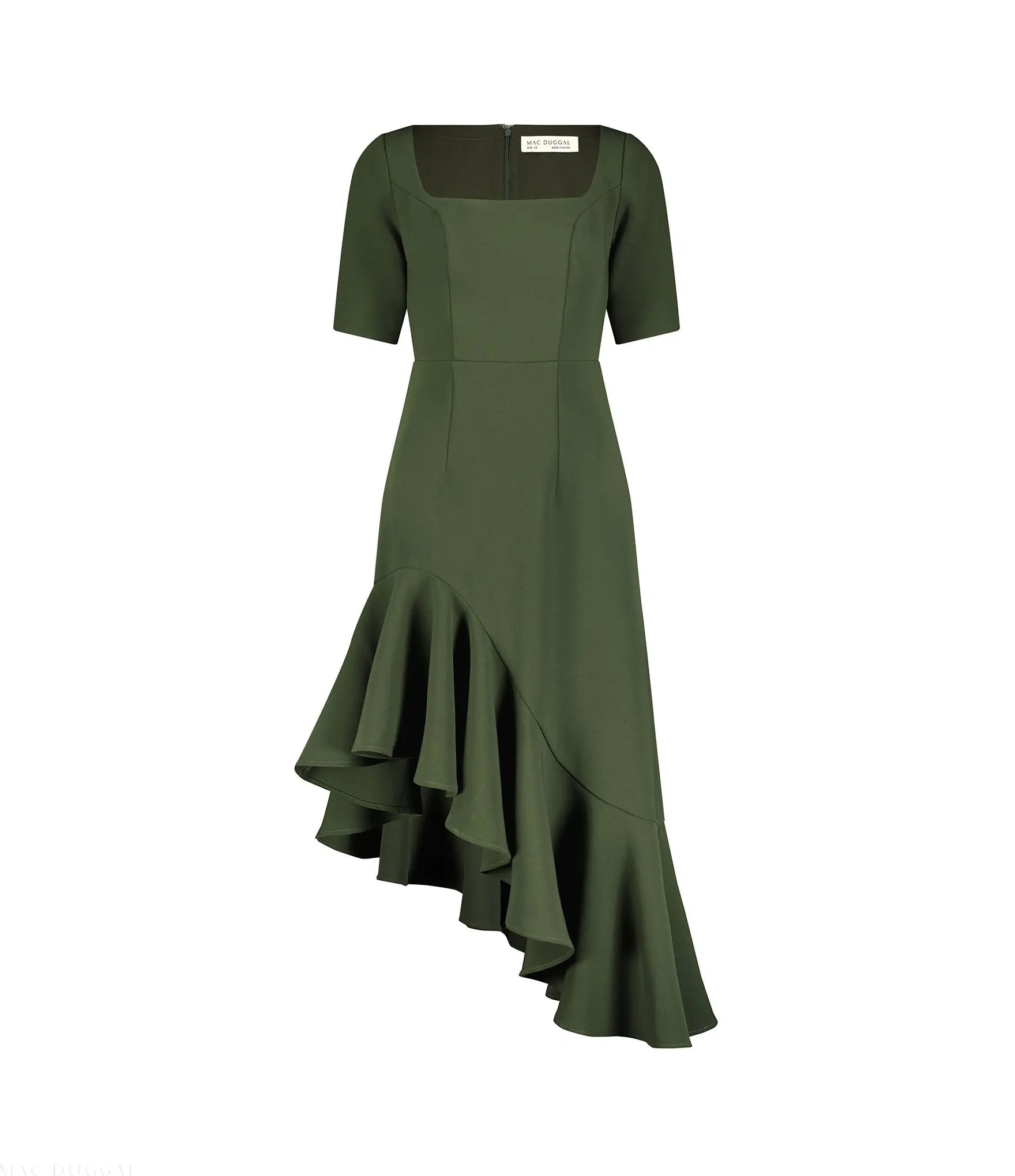 Green Crepe 3/4 Sleeve Asymmetrical Hem Dress