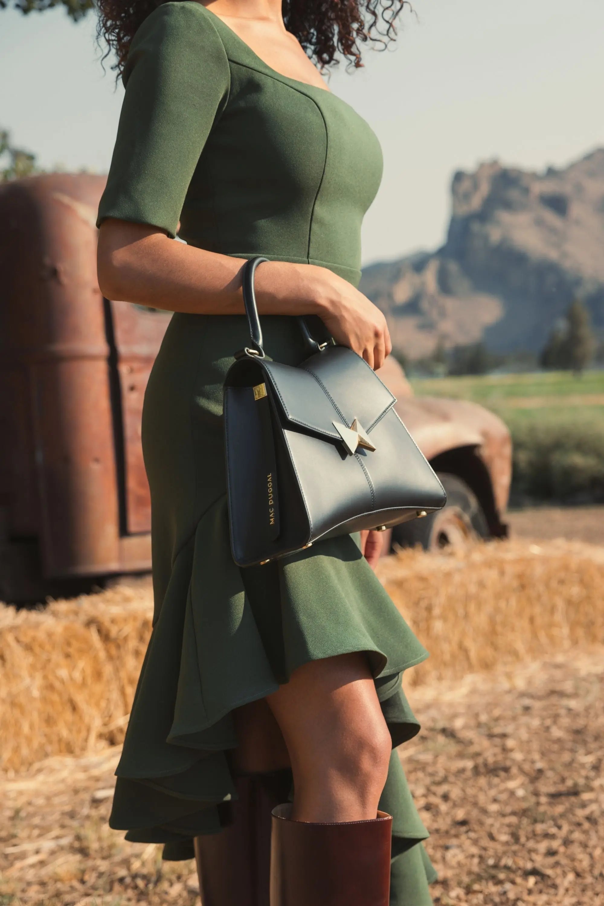 Green Crepe 3/4 Sleeve Asymmetrical Hem Dress