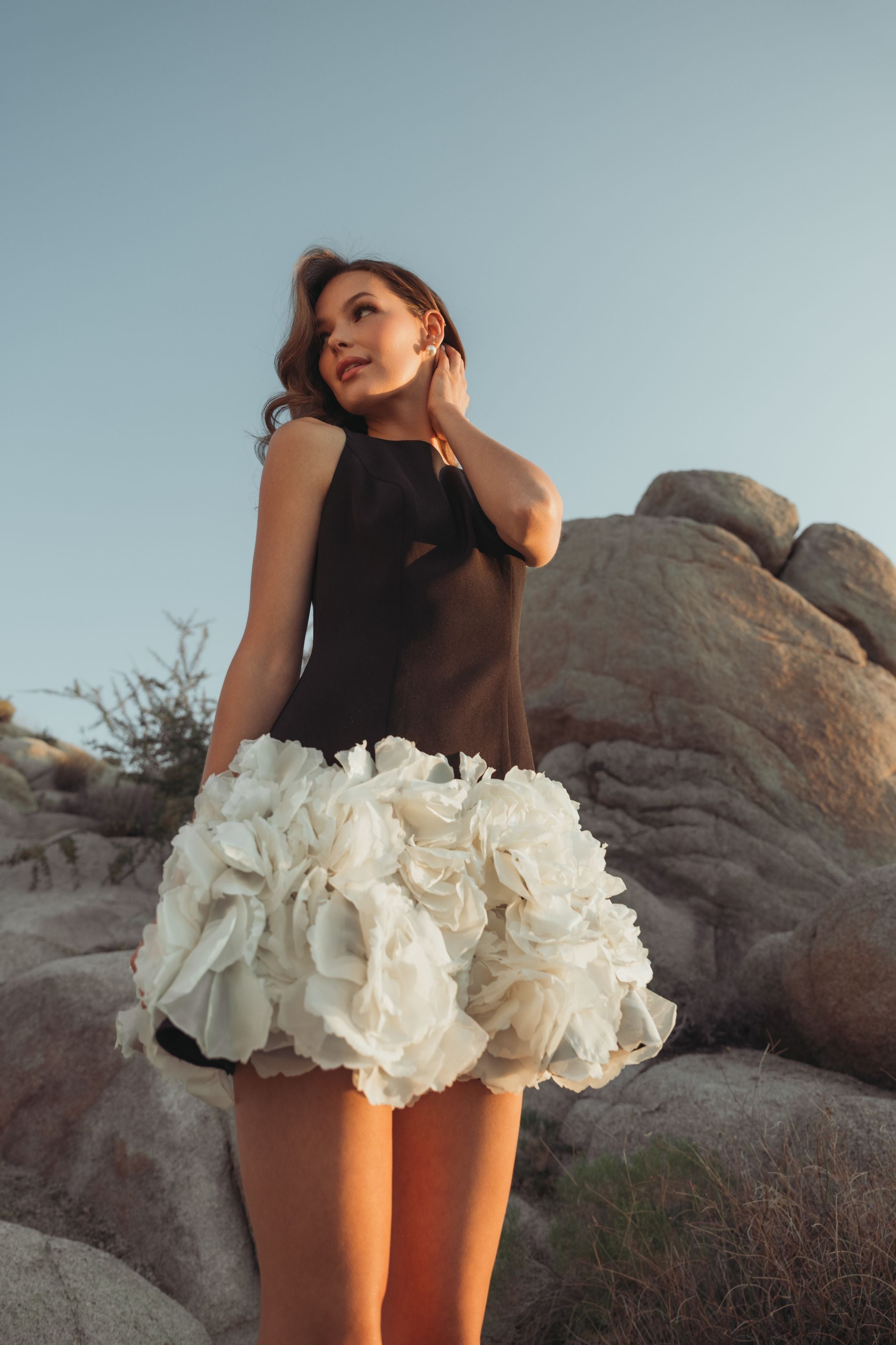 Black and White Sleeveless Mini Dress with 3D Floral Skirt