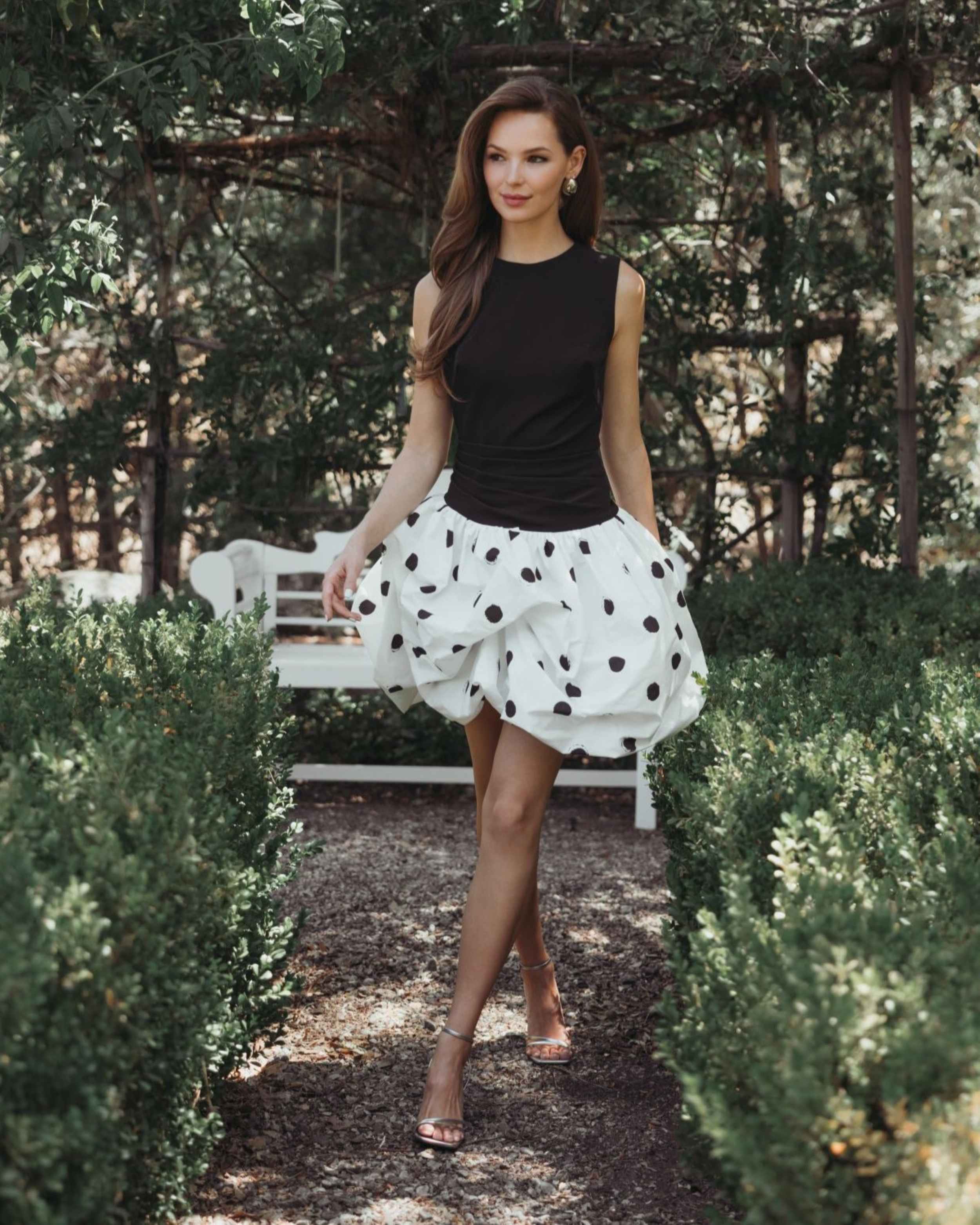 Black and White Polka Dot Bubble Skirt Mini Dress