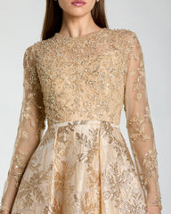 Light Gold Long Sleeve Beaded Brocade Skirt Ball Gown
