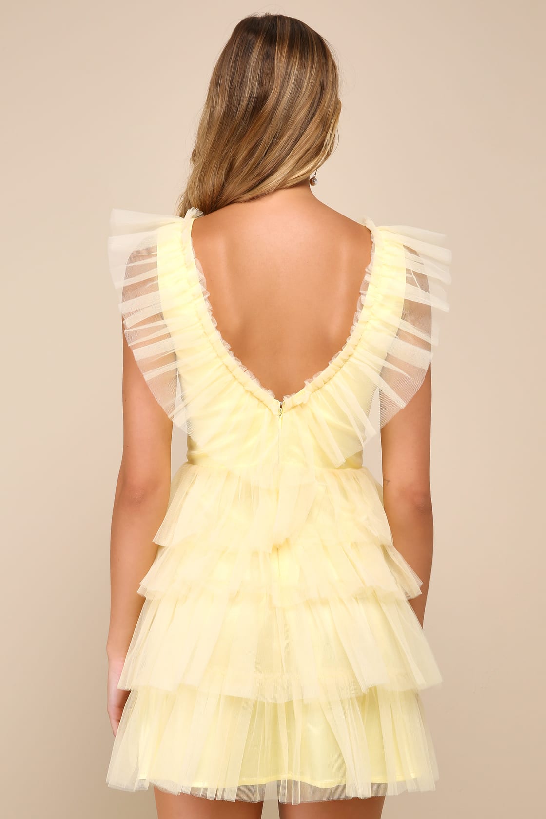 Striking Sensation Yellow Tulle Tiered Ruffled Mini Dress