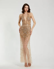 Beige Halter Top Heavily Embellished Sheer Gown