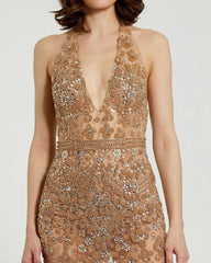Beige Halter Top Heavily Embellished Sheer Gown