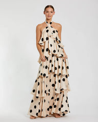 Beige Tiered Ruffle Polka Dot Charmeuse Gown