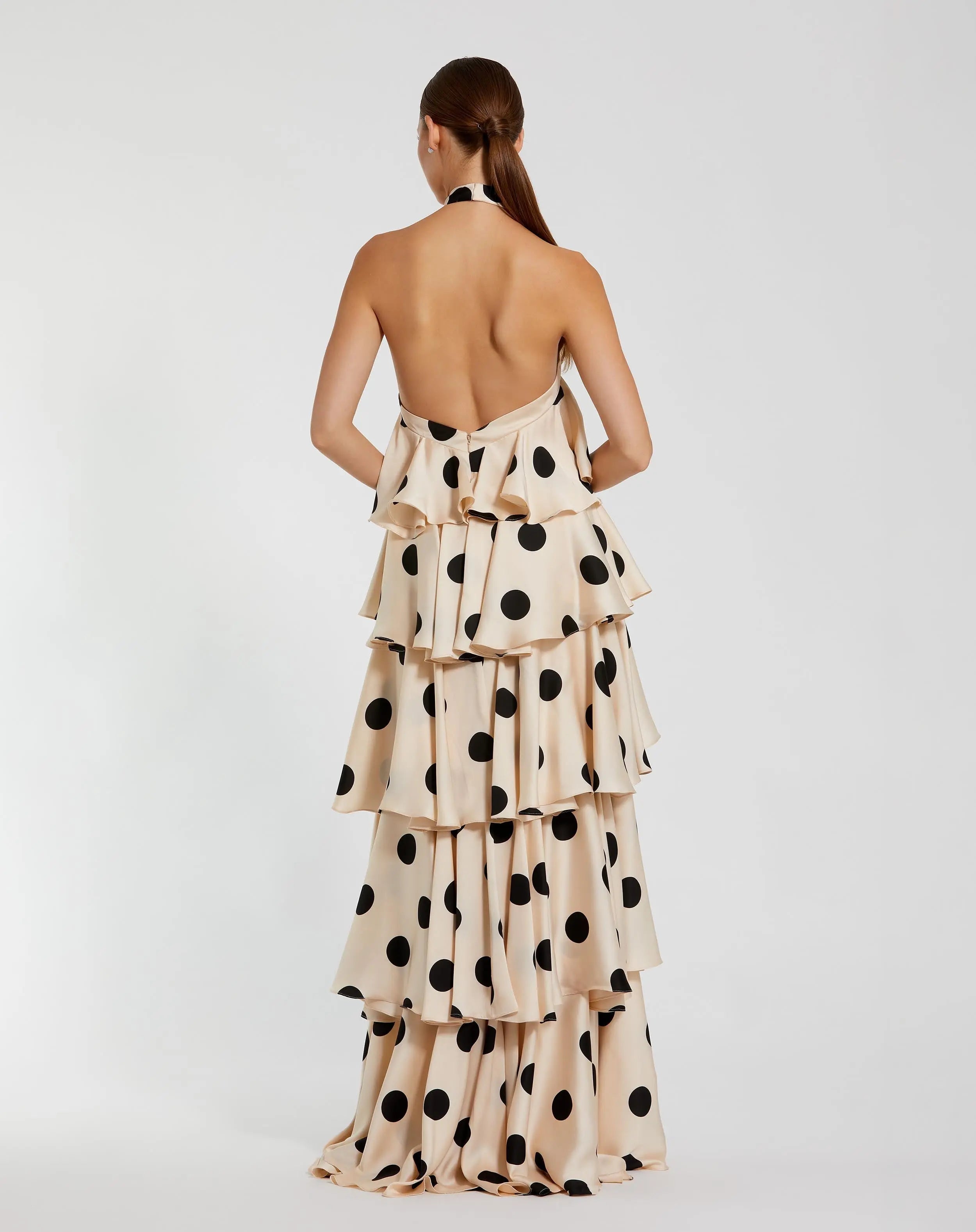 Beige Tiered Ruffle Polka Dot Charmeuse Gown