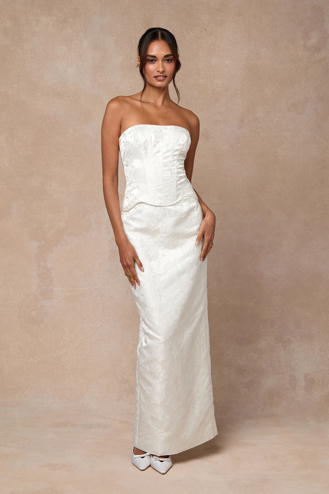 Melva White Satin Jacquard Two-Piece Bustier Maxi Dress