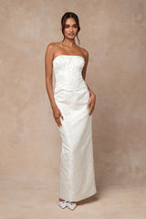 Melva White Satin Jacquard Two-Piece Bustier Maxi Dress