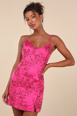 Blissful Blossoms Fuchsia Pink Sequin Backless Mini Dress