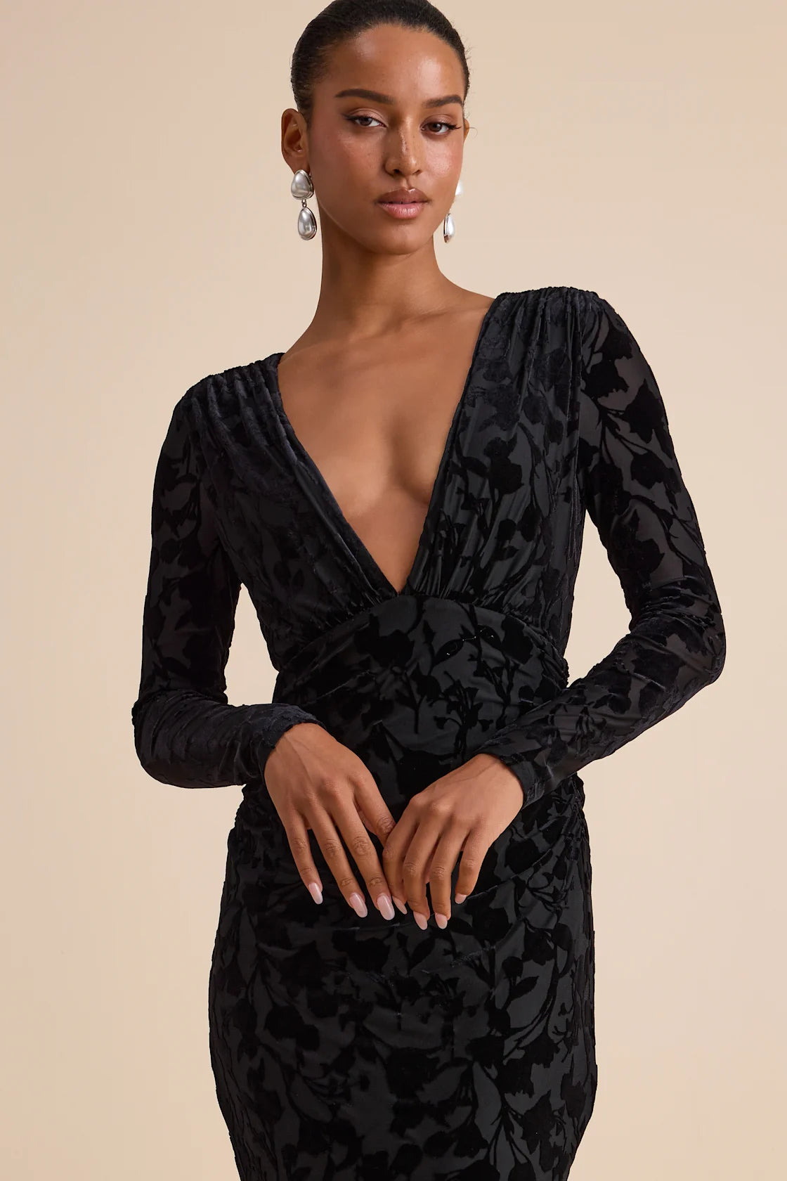 Patricia Black Velvet Burnout Long Sleeve Maxi Dress