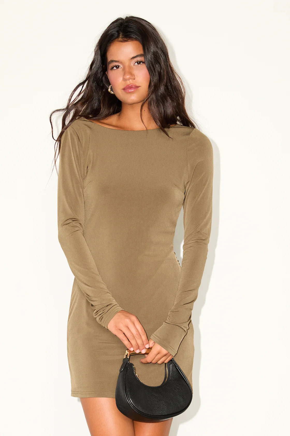 Noey Olive Jersey Knit Cowl Back Long Sleeve Mini Dress