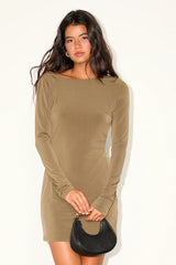 Noey Olive Jersey Knit Cowl Back Long Sleeve Mini Dress