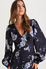 Beautiful Details Navy Blue Floral Long Sleeve Midi Dress