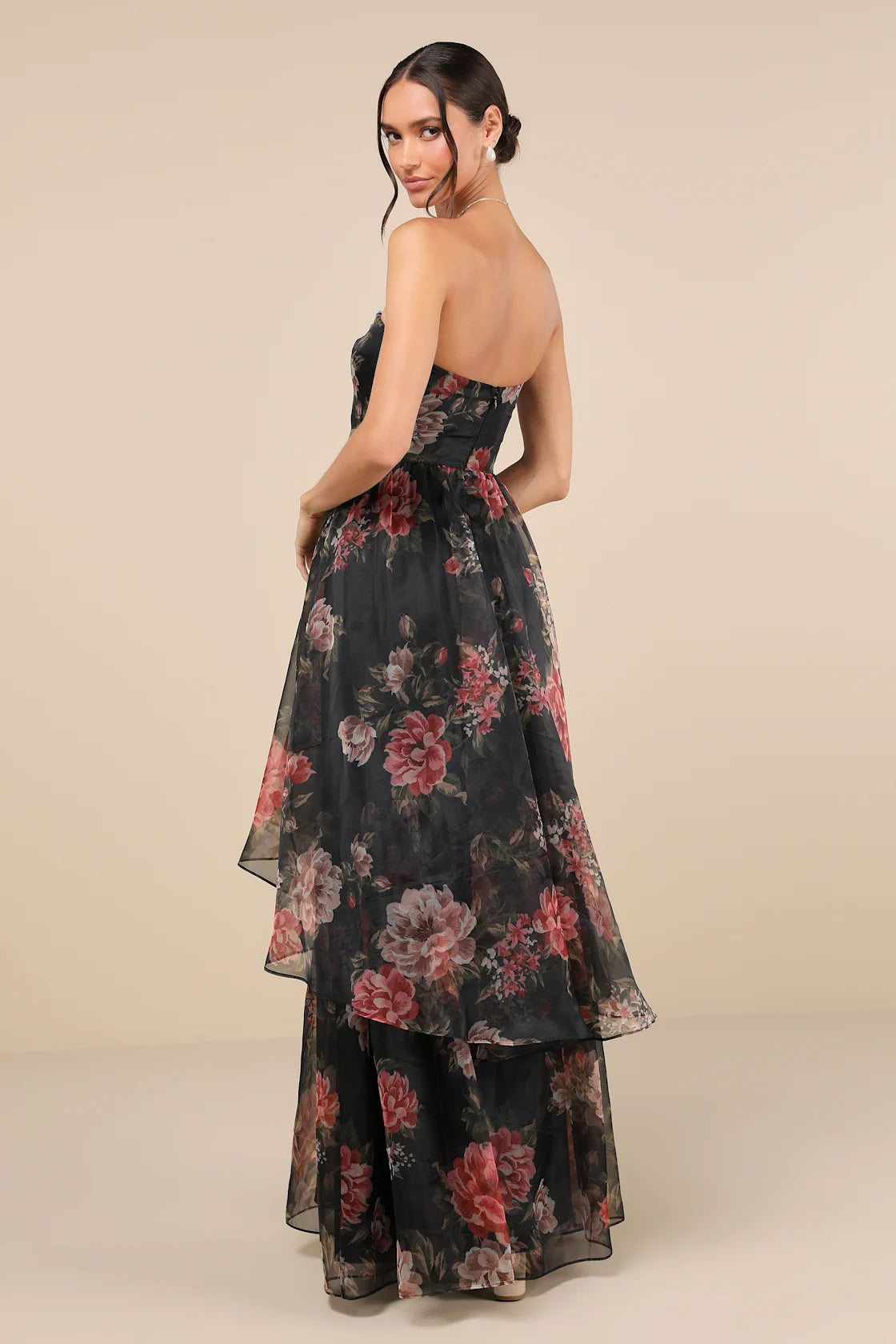 Truly Extraordinary Purple Floral Organza Strapless Maxi Dress