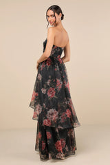 Truly Extraordinary Purple Floral Organza Strapless Maxi Dress