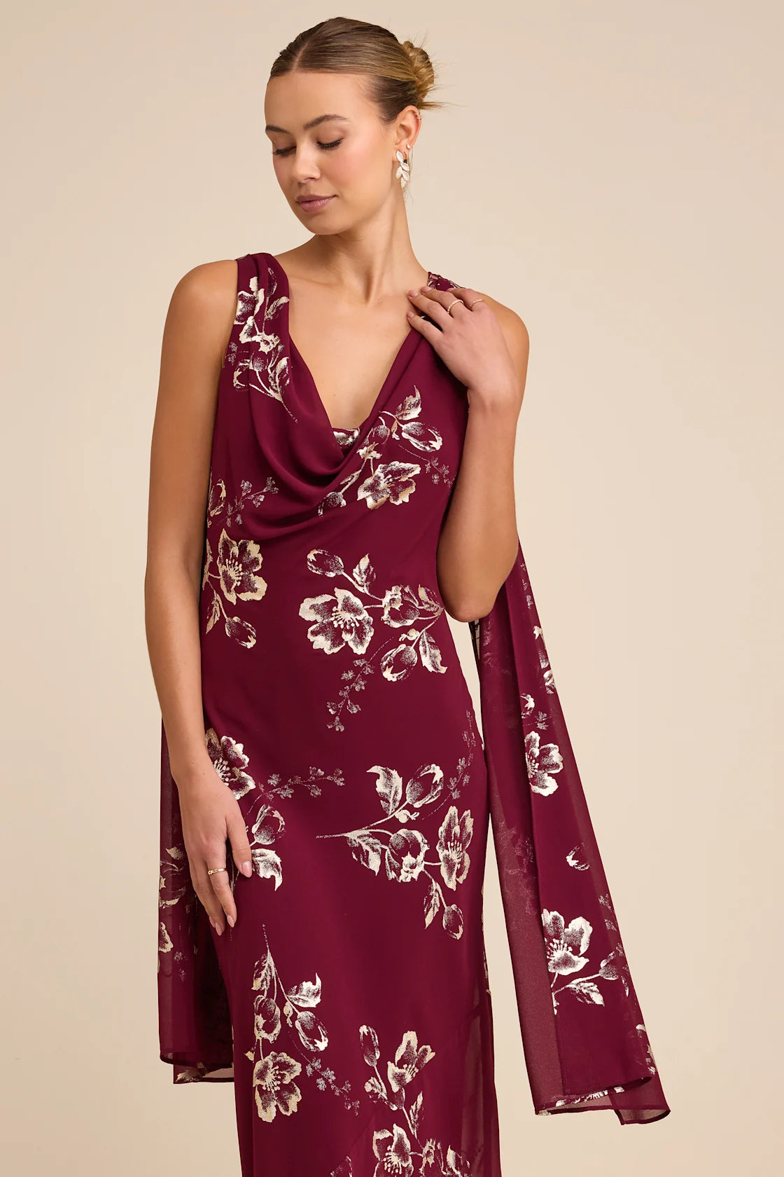 Sidonia Burgundy and Gold Floral Cowl Sash Maxi Dress