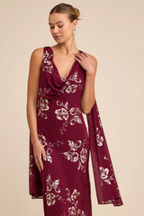 Sidonia Burgundy and Gold Floral Cowl Sash Maxi Dress
