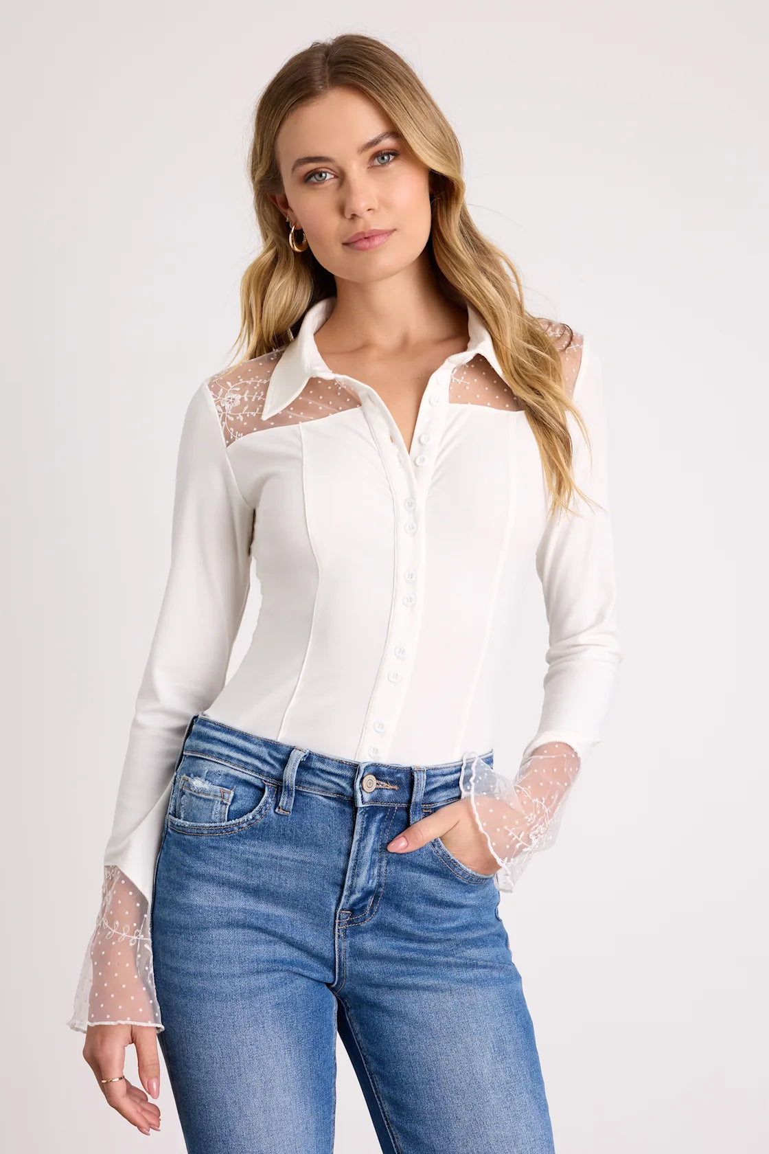 Wynette Ivory Sheer Embroidered Button-Up Top