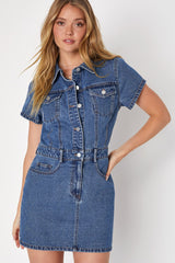 Ready to Charm Medium Wash Short Sleeve Denim Mini Dress