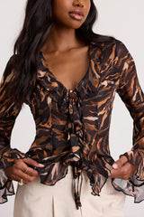 Aminata Black and Orange Animal Print Ruffled Top