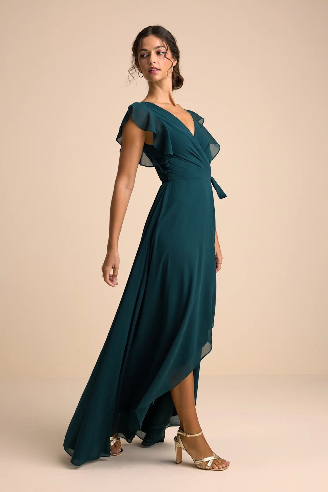 Ravishing Charm Emerald Ruffled Wrap High-Low Maxi Dress