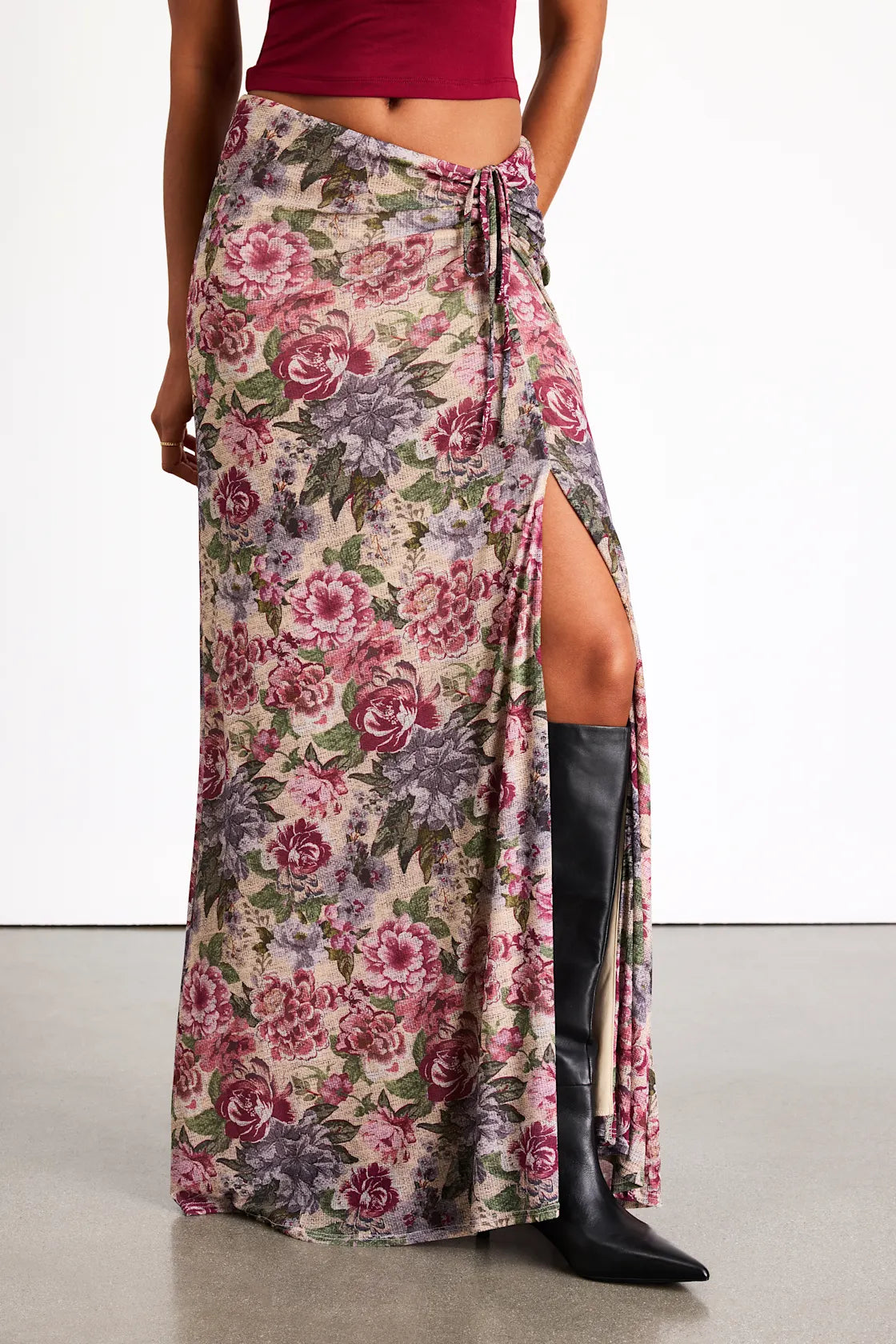 Daria Beige Multi Floral Ruched Maxi Skirt