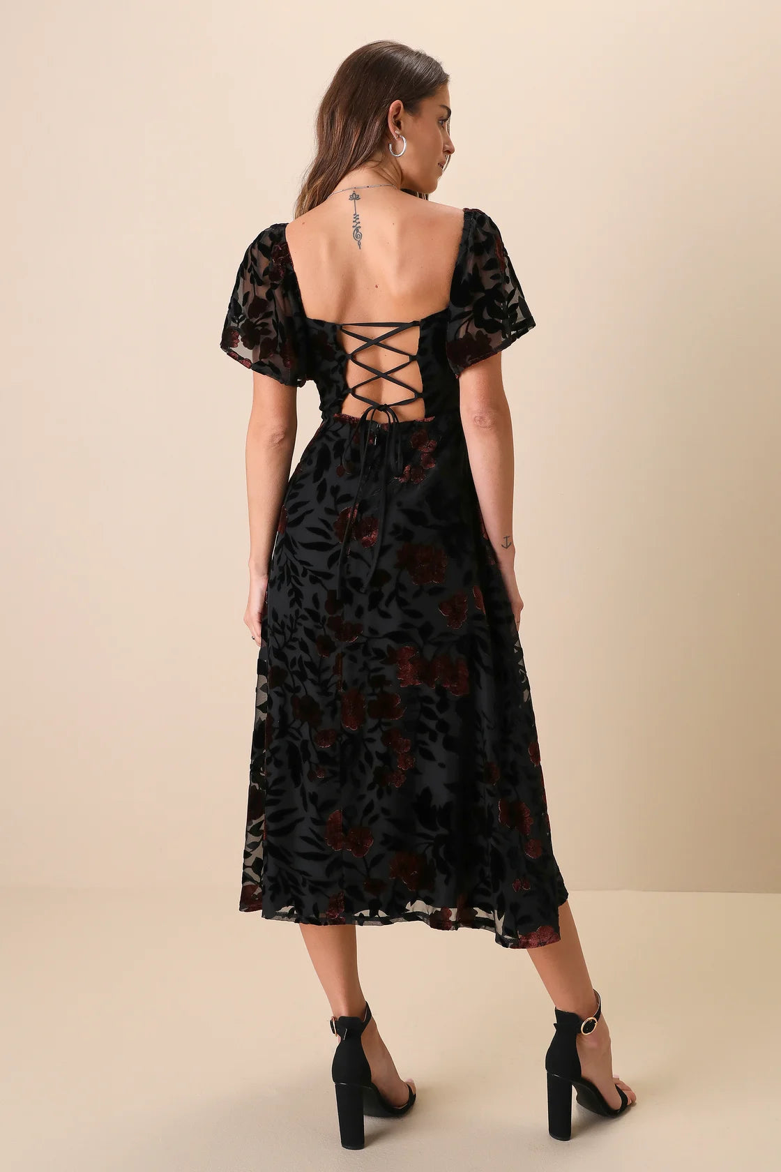 Lovely Purpose Black Velvet Floral Burnout Lace-Up Midi Dress