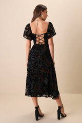 Lovely Purpose Black Velvet Floral Burnout Lace-Up Midi Dress