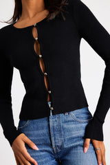 Scalia Black Ribbed Knit Button-Front Long Sleeve Top