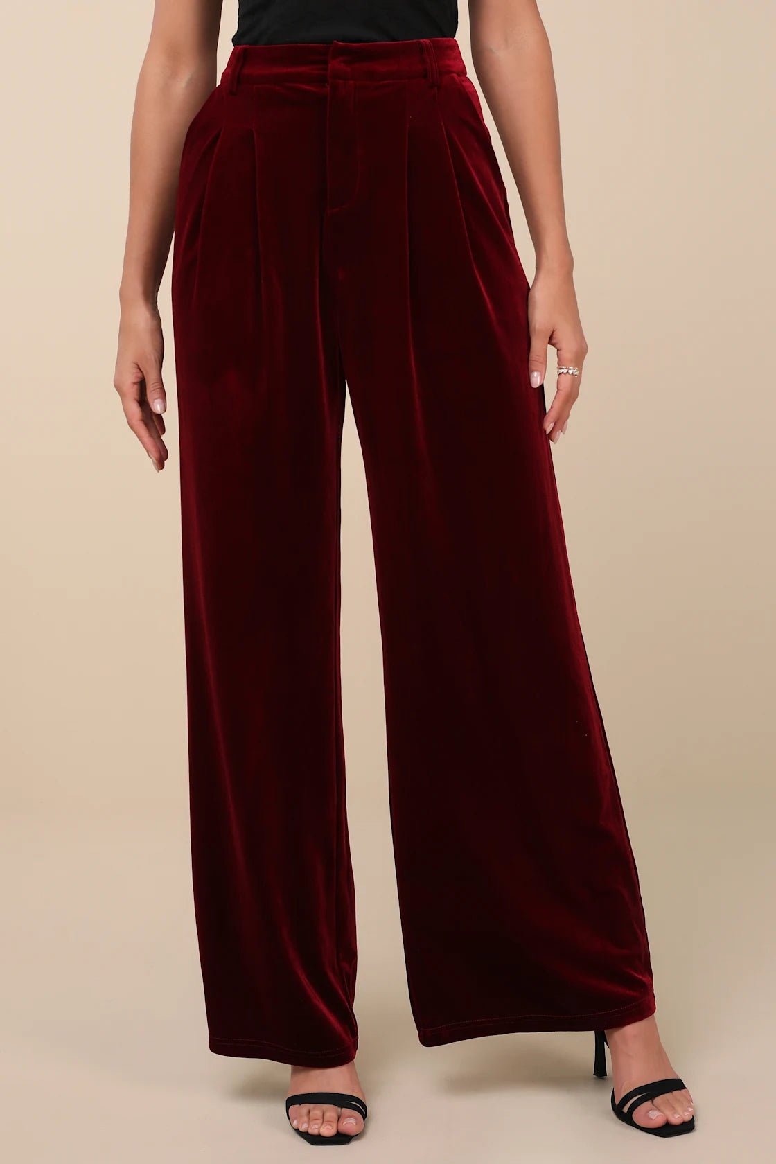 Chic Splendor Dark Mauve Velvet Pleated High-Rise Wide-Leg Pants