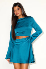 Saroya Green Satin Cutout Long Sleeve Mini Dress