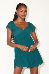 Amalfi Coast Emerald Pleated Flutter Sleeve Mini Dress