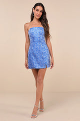 Bubbly Beauty Blue Jacquard Strapless Bustier Mini Dress