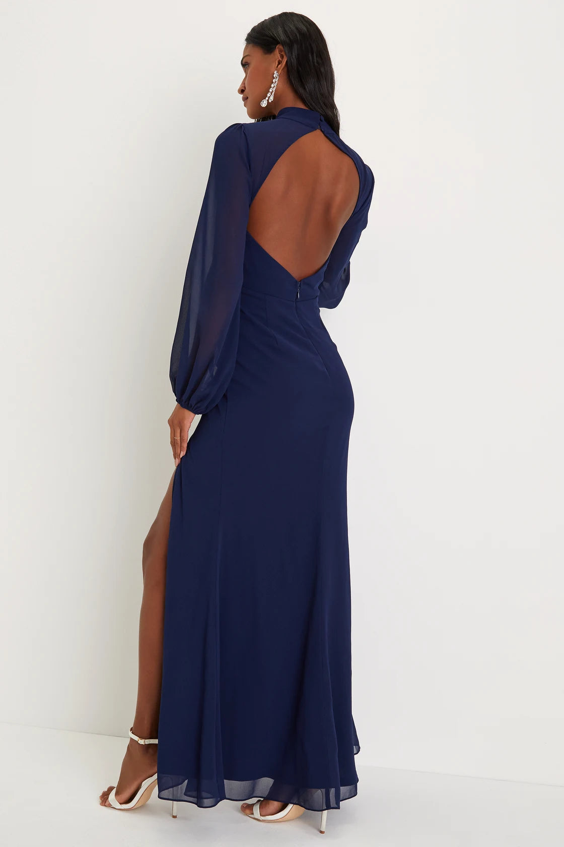 Graceful Entrance Navy Blue Long Sleeve Backless Maxi Dress