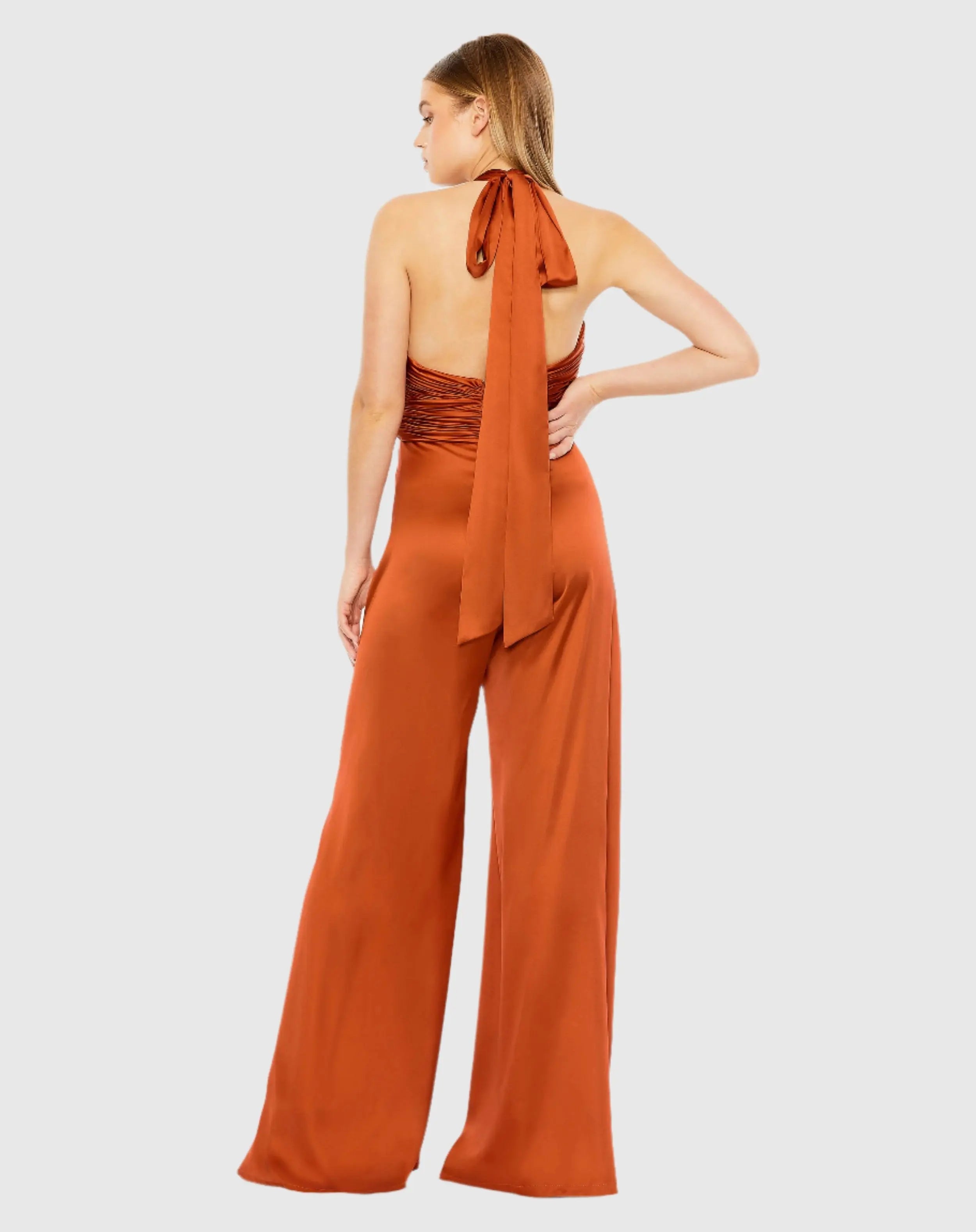 Orange Ruched Halter Top Wide Leg Satin Jumpsuit