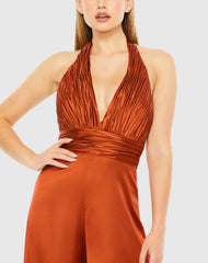 Orange Ruched Halter Top Wide Leg Satin Jumpsuit