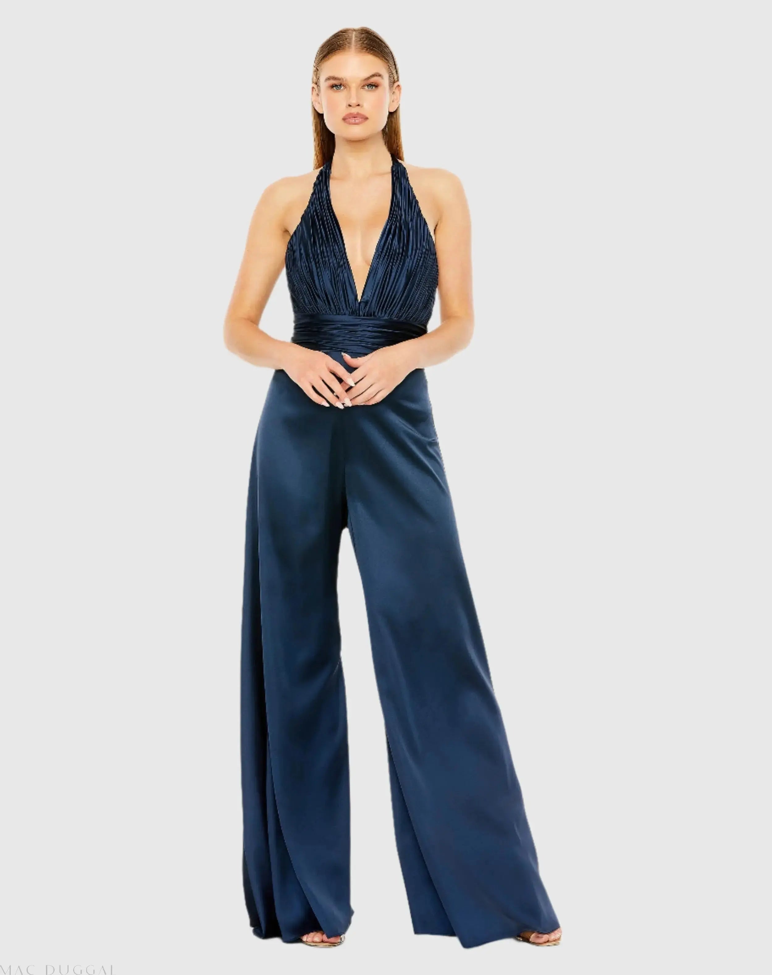 Ruched Halter Top Wide Leg Satin Jumpsuit