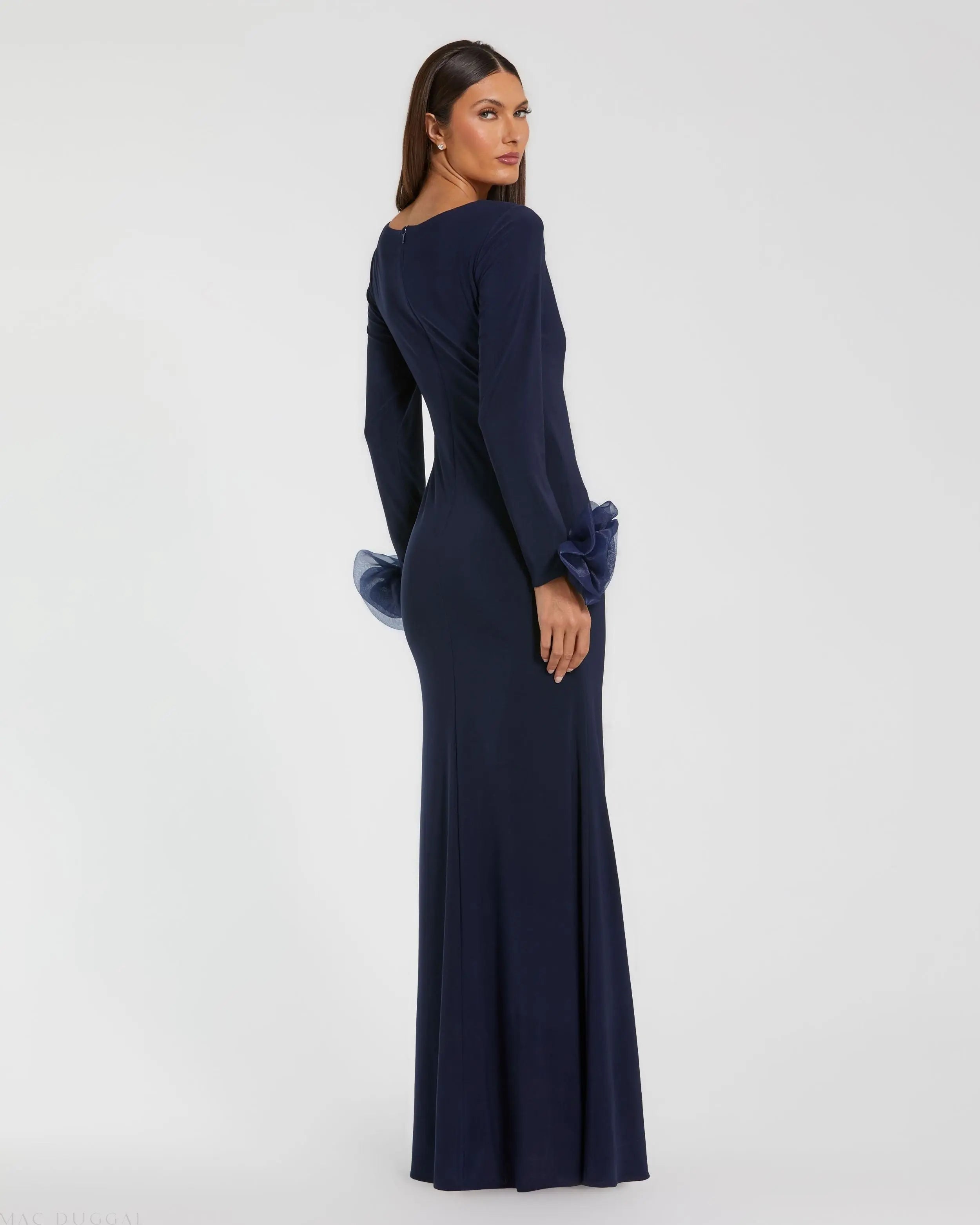 Navy Long Sleeve Fitted Jersey Gown With 3D Flowers