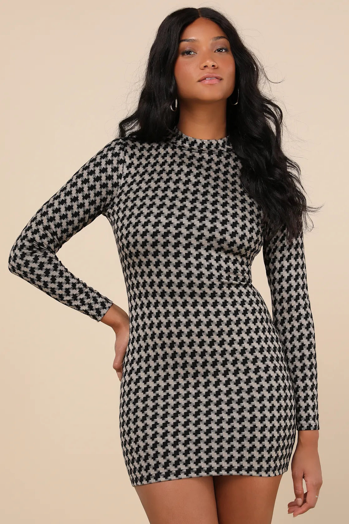 Cool Girl Status Black Print Mock Neck Long Sleeve Mini Dress