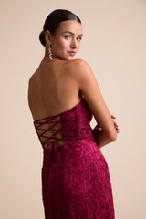 Chic Grace Black Velvet Floral Applique Strapless Maxi Dress