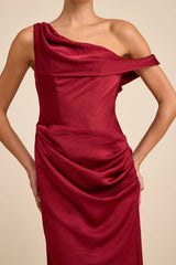 Aviana Dark Red Satin Asymmetrical Maxi Dress