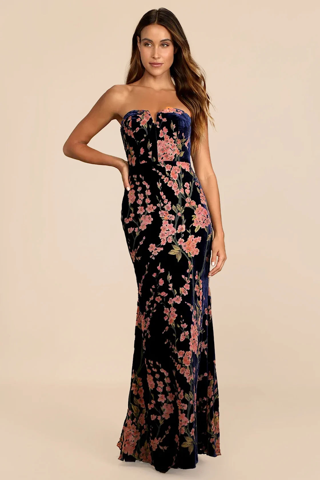 Bloom In Mind Navy Blue Floral Print Velvet Strapless Maxi Dress